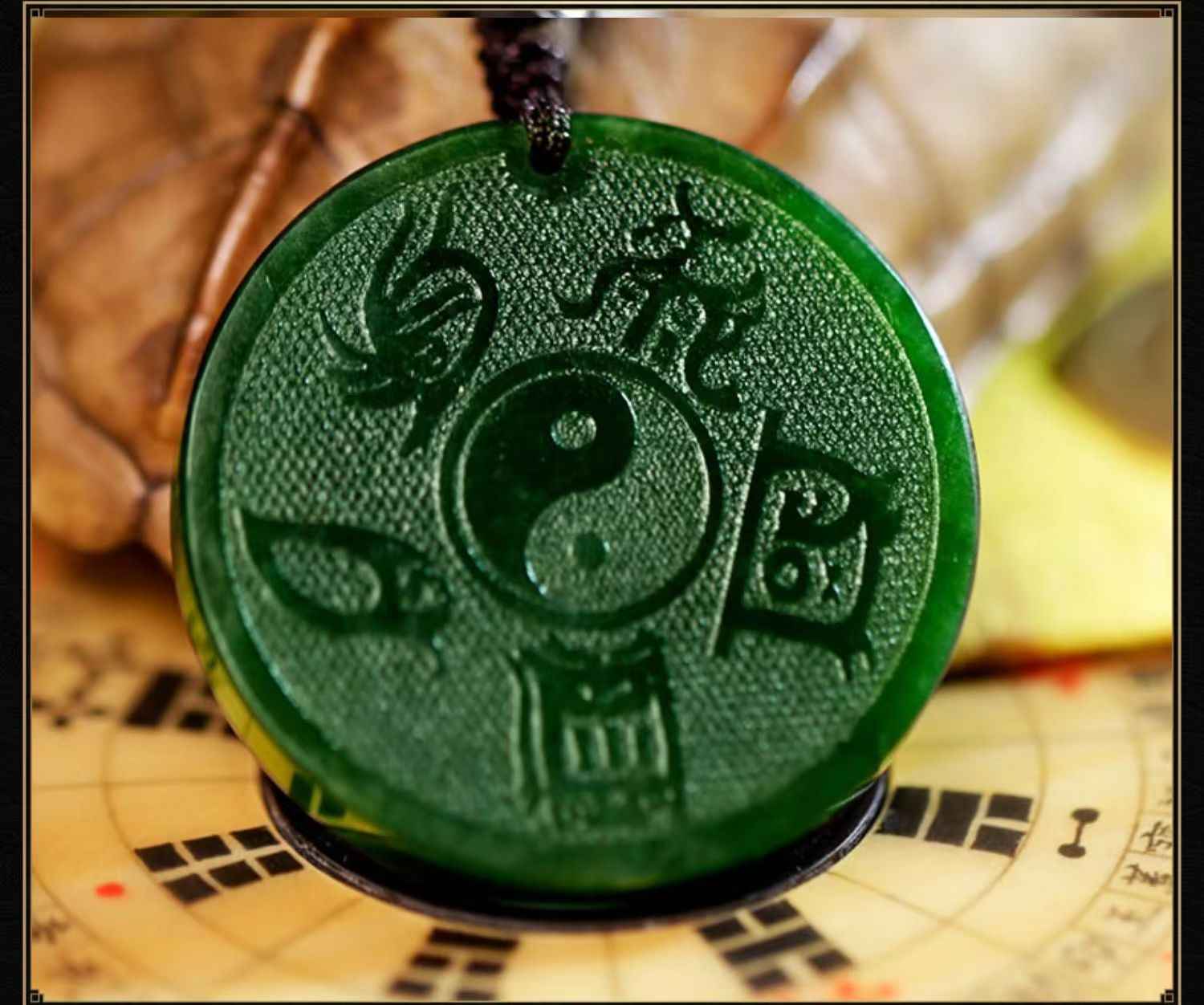 Hetian Bi Jade "Five Sacred Peaks" Pendant – Tai Chi & Wu Yue Zhen Xing Talisman (3.8cm)